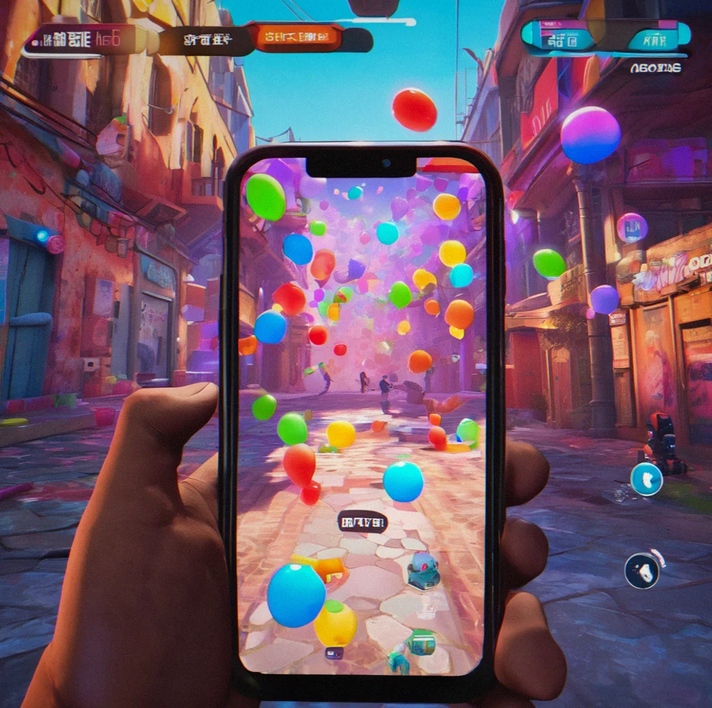 A person holding their phone while colorful message bubbles float around them