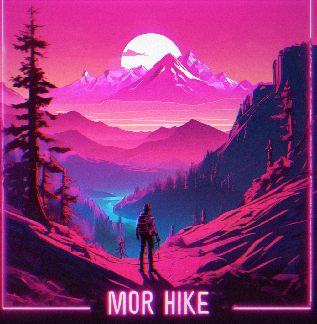 Mountain sunrise landscape framed in Neon Pink with a white caption that says 'morning hike'