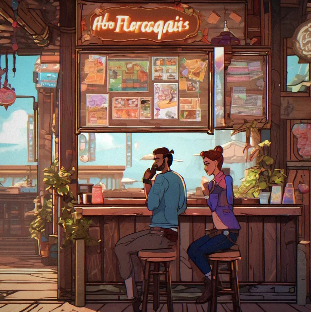 Two people at a cafe in the Vintage Wood frame, decorated with stickers, no text overlay