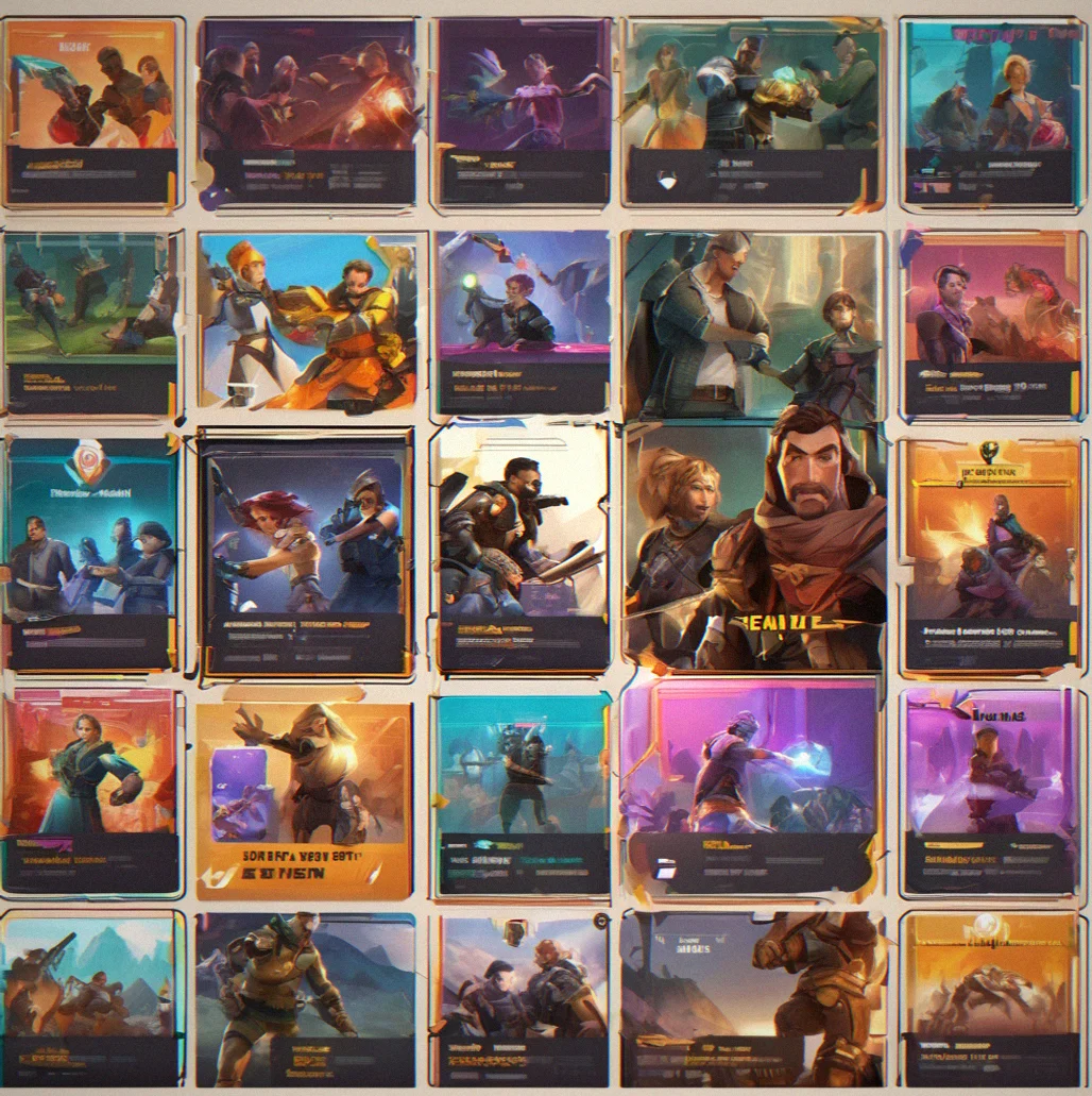 Featured gallery showing nine player frames in a grid. Each has a like count and a featured badge