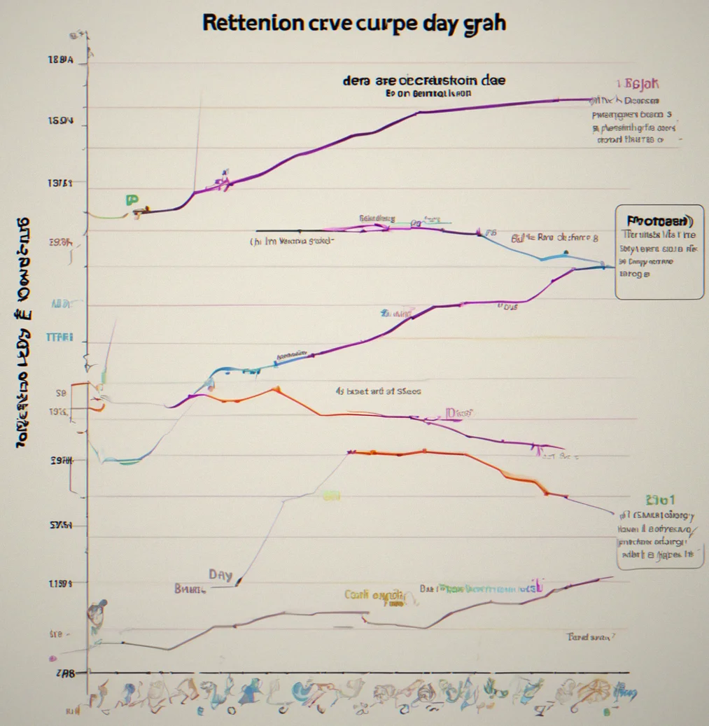 Retention curve graph displaying day-1 through day-30 with peak retention at day-7 labeled 58 percent