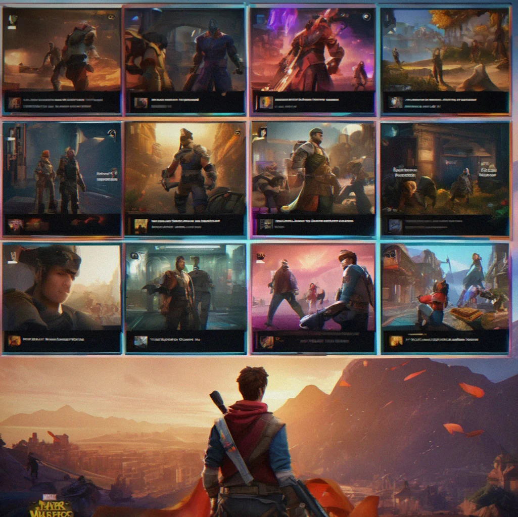 Gallery view displaying framed photos from multiple users with like and comment counts visible